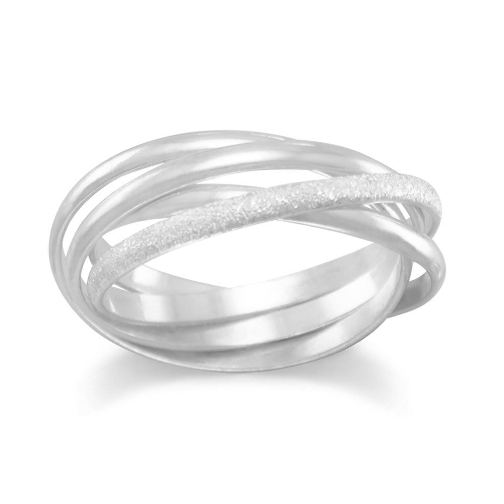 This is a polished and stardust sterling silver ring. The ring consists of 3 polished bands and 1 stardust band.  Each band is 1.5mm wide. Made of .925 Sterling Silver. Available in sizes 5-9