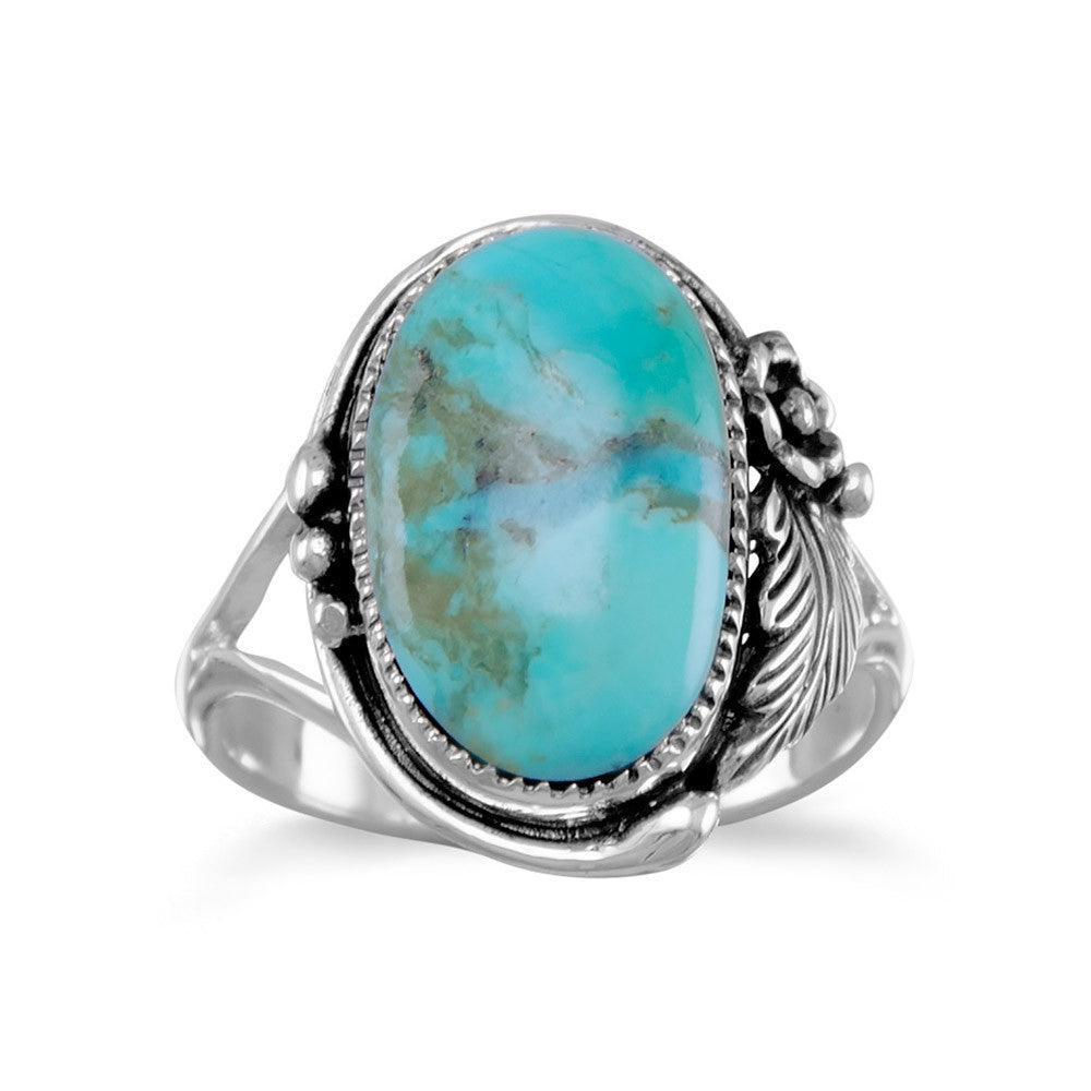 Indulge in the opulence of our Southwest style sterling silver ring, featuring a resplendent reconstituted turquoise stone. The intricate flower and leaf design, set against an oxidized backdrop, exudes a timeless elegance. Available in sizes 6-10, this ring is a true masterpiece that pairs perfectly with our other turquoise and oxidized silver jewelry collection. Crafted from .925 sterling silver, this ring is a luxurious addition to any jewelry collection.