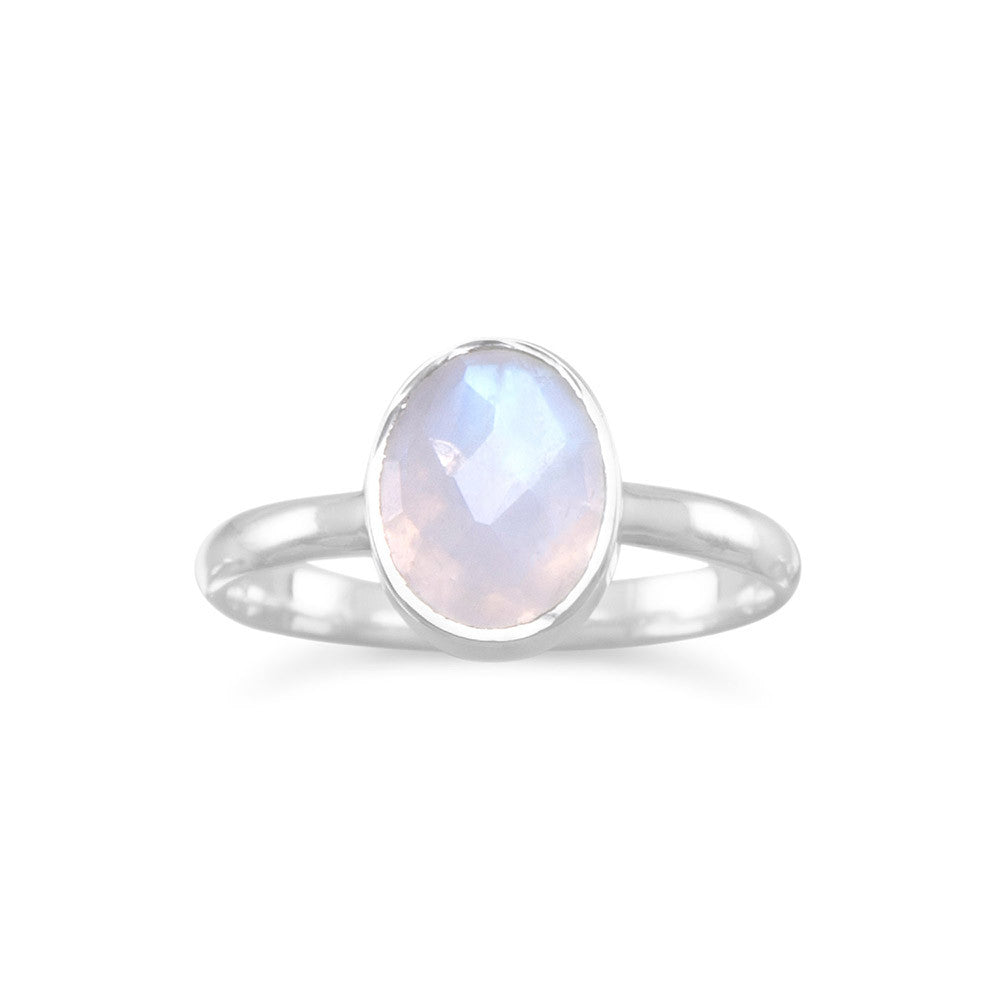 Indulge in the allure of our Sterling Silver Faceted Rainbow Moonstone Ring. This exquisite piece boasts a 7mm x 9mm oval rainbow moonstone, a gemstone renowned for its iridescent beauty and spiritual significance. Crafted with .925 sterling silver, this ring is not only a stunning addition to your jewelry collection but also a durable and long-lasting investment. Available in whole sizes 6-9, it is guaranteed to fit any finger perfectly.