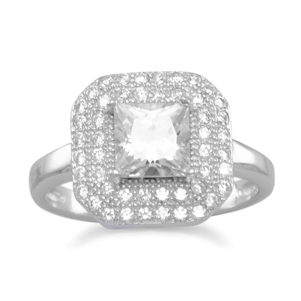 Introducing our exquisite Rhodium plated sterling silver ring, adorned with a captivating 5mm square center cubic zirconia and two rows of micro pave cubic zirconias. Experience the allure of this luxurious piece, crafted with .925 Sterling Silver and enhanced with Rhodium plating for lasting brilliance.