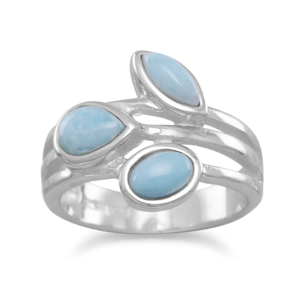 Sterling silver multishape larimar ring. The marquise stone is approximately 3mm x 6mm, the pear shape stone is approximately 4mm x 9mm, and the oval stone is approximately 4mm x 6mm.