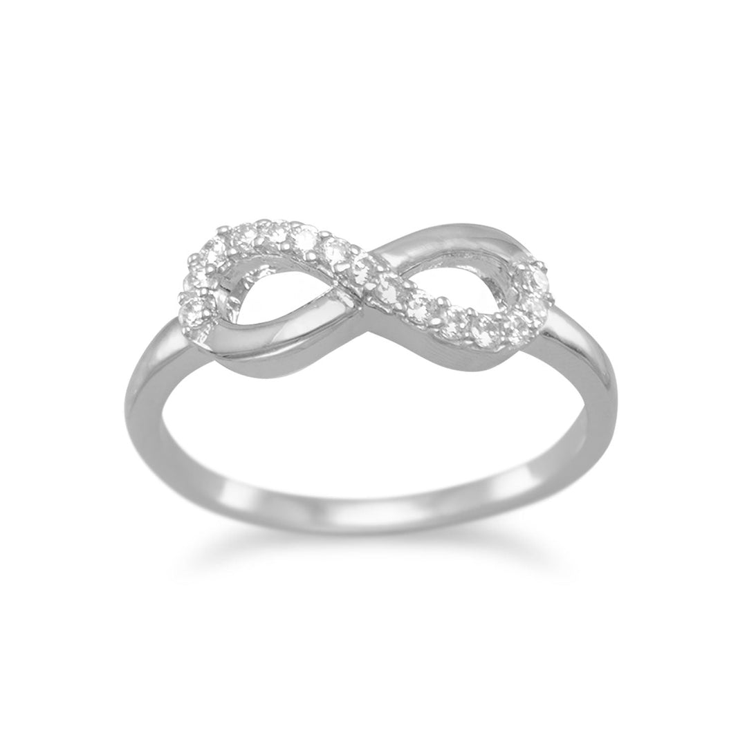 Indulge in the opulence of our rhodium plated sterling silver infinity ring, adorned with exquisite 1mm cubic zirconias. Symbolizing eternal love, this 5.5mm x 14.5mm masterpiece is a perfect gift for your beloved. Available in sizes 4-11.