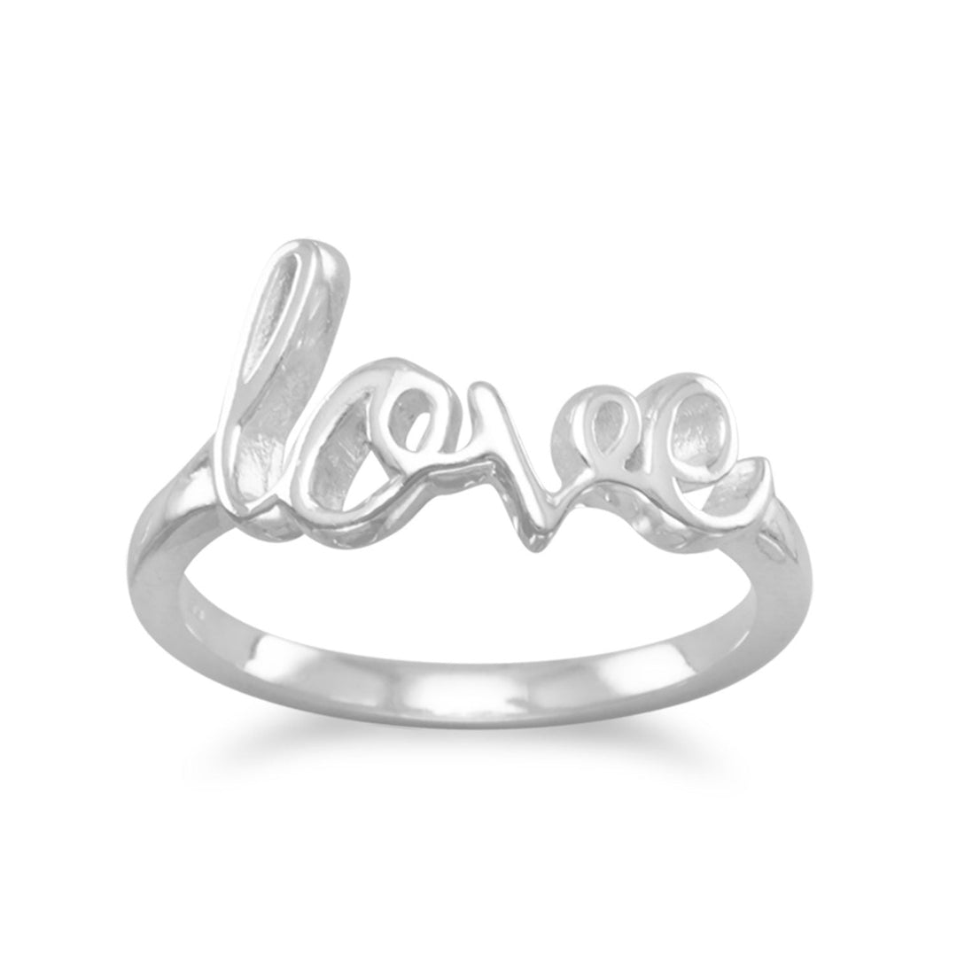 Introducing our opulent sterling silver "love" ring, meticulously handcrafted to absolute perfection. Adorned with a slender 1.5mm band and an exquisite script message measuring 9mm x 17mm, this eternal masterpiece radiates unparalleled sophistication. Available in whole sizes 5-10, it serves as an impeccable symbol of everlasting devotion to those cherished in your heart. Meticulously crafted with .925 Sterling Silver, it epitomizes the essence of enduring love.