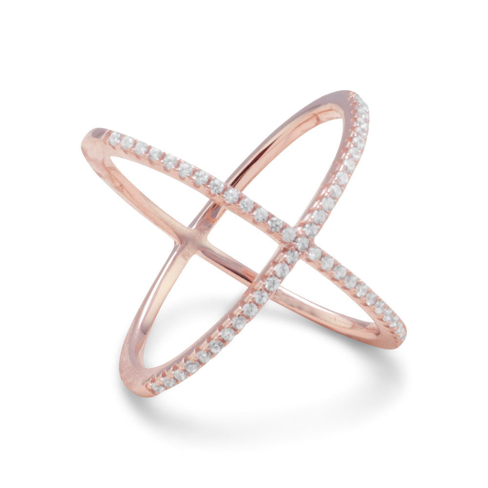 Introducing our exquisite 18 karat rose gold plated criss cross 'X' ring, adorned with dazzling Signity cubic zirconias. Measuring approximately 20mm, this masterpiece showcases the perfect blend of opulence and sophistication. Crafted with .925 Sterling Silver, the polished back adds an extra touch of elegance. Elevate your style with this luxurious treasure.