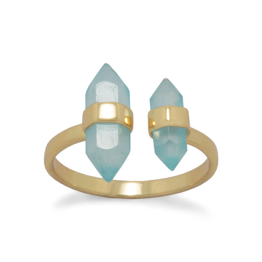 Introducing our stunning 14k gold plated ring with aqua chalcedony stones. The band is 2.2mm wide and the stones measure 3.5mm x 11mm and 4mm x 14mm. Available in sizes 5-9, slightly adjustable. Perfect for gifting and pairs well with our gold and chalcedony jewelry collection.