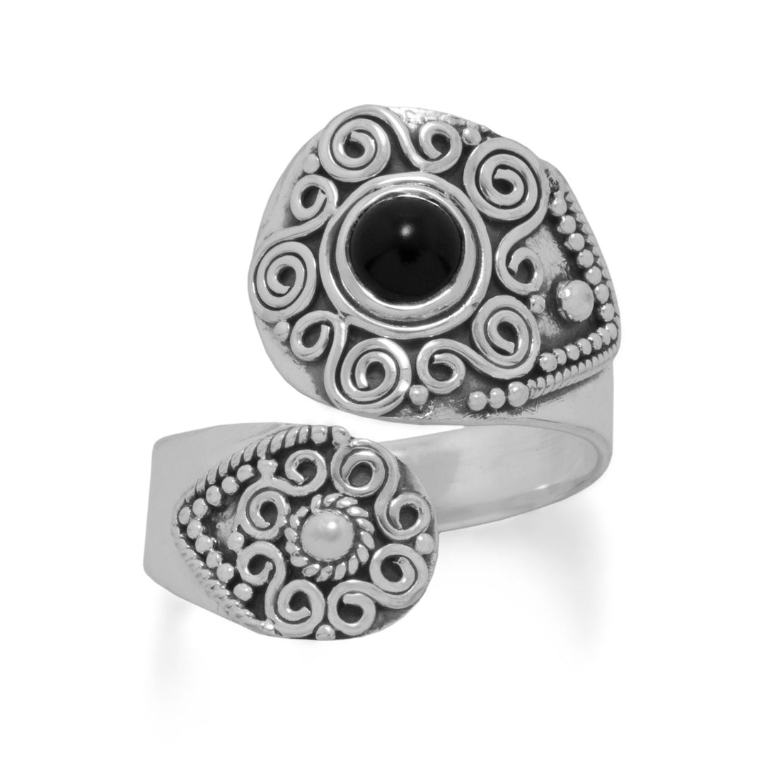 Oxidized sterling silver spoon ring with ornate swirl designs featuring a 5mm black onyx stone. This ring is available in whole sizes 6-10 and is slightly adjustable.