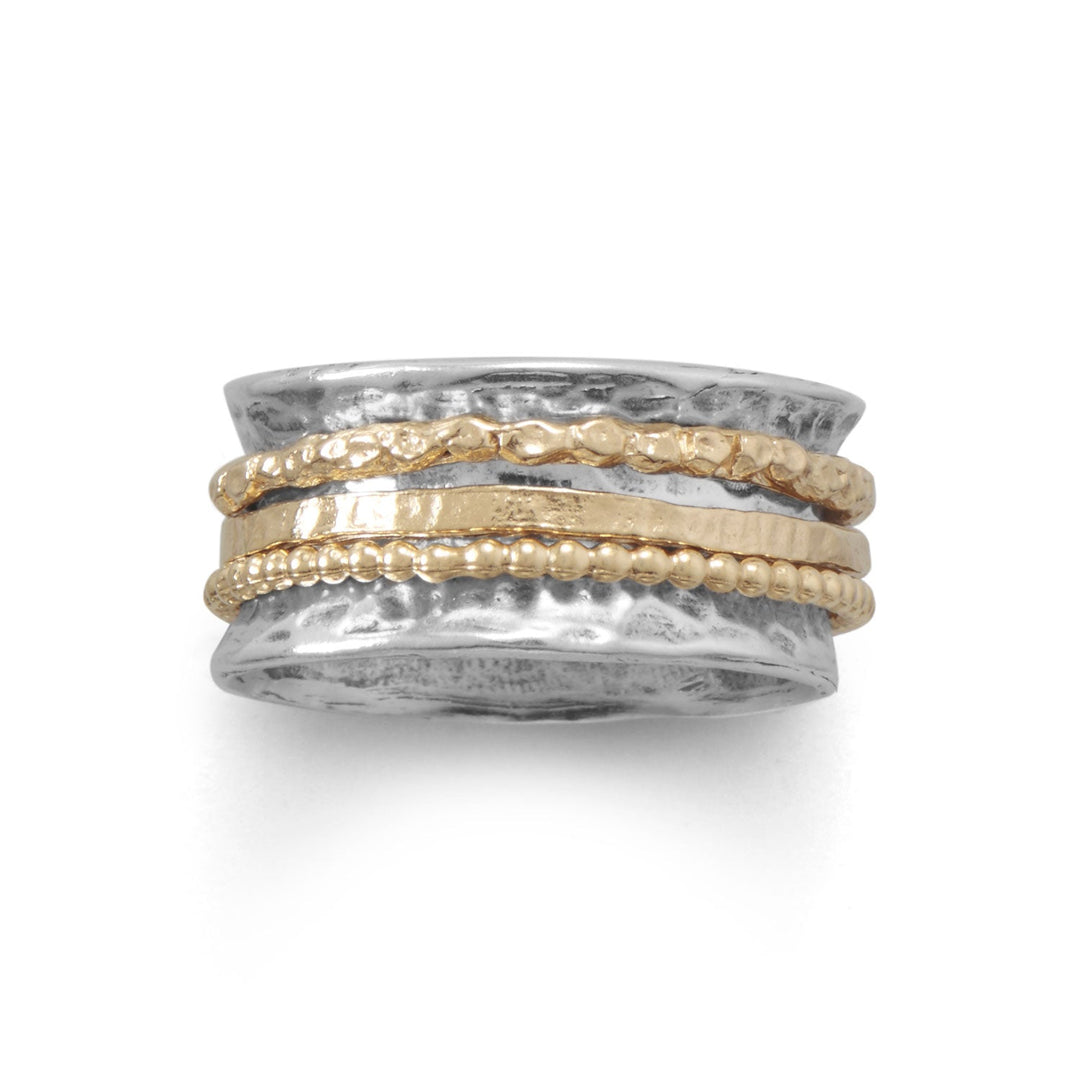 Oxidized sterling silver 11.2mm wide hammered band ring with a slight lip that encases 3 individual 14 karat gold plated sterling silver beaded, hammered, and branch textured unfastened spin bands. This ring is available in whole sizes 6-10..925 Sterling Silver