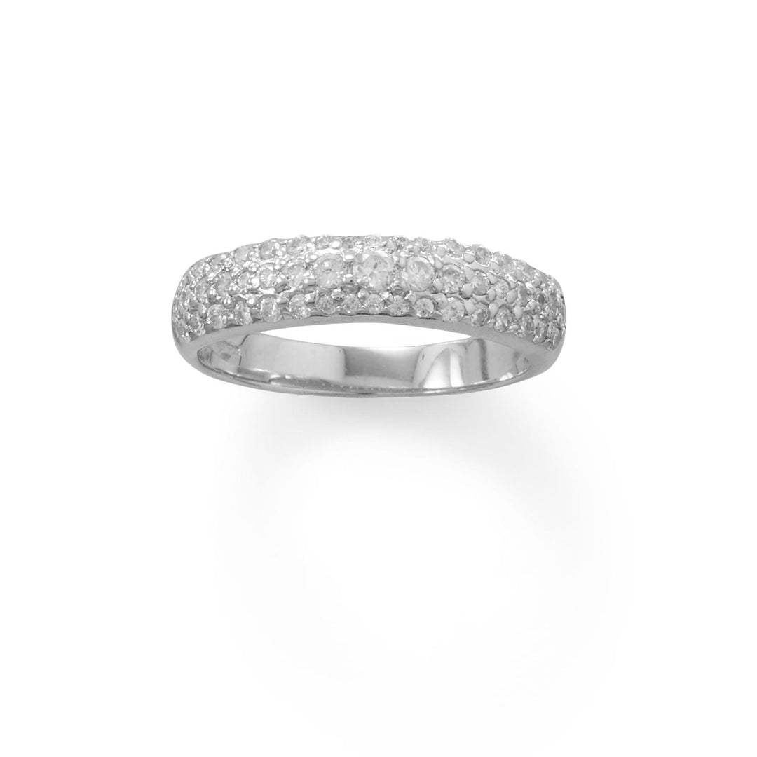 Classic rhodium plated sterling silver domed three row cubic zirconia ring. The center row of cubic zirconia's graduate in size from 2.4mm to 1.1mm, the outside rows feature 1.4mm cubic zirconia's. The ring measures 5mm wide and tapers to a 3.2mm polished band. Available in whole sizes 6-9.