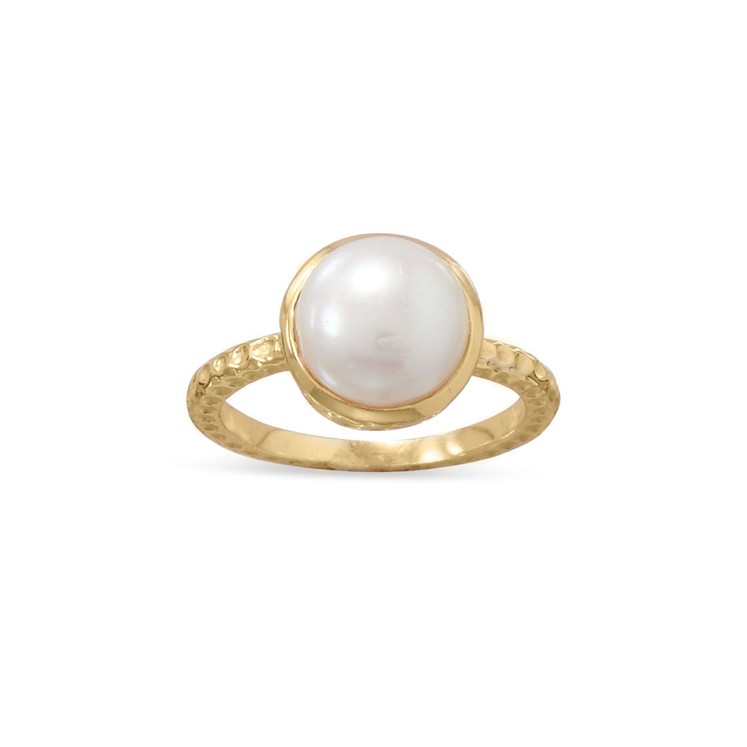 Introducing our stunning 14 karat gold plated sterling silver ring, adorned with a mesmerizing 9.5mm - 10mm cultured freshwater pearl. The textured design adds a touch of elegance, perfectly complementing the radiant gold plating. Crafted with .925 Sterling Silver, this ring is a true masterpiece. Pair it with our exquisite gold and pearl jewelry collection for a truly captivating look.