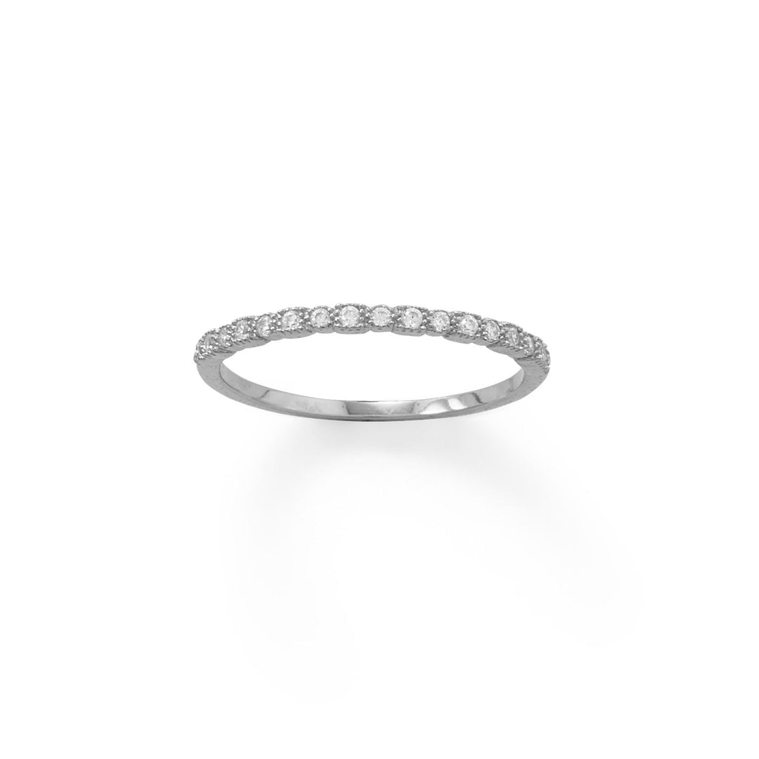 Perfect as a midi ring or for stacking! Rhodium plated sterling silver ring with 17 1.25mm CZ's across top. Band is 1.5mm and tapers down to 1.2mm. Available in whole sizes 3-9.