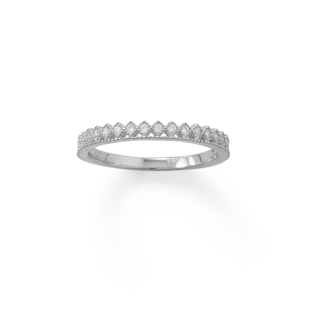 Perfect for stacking or worn alone. Rhodium plated sterling silver crown design ring features 21 diamond shape settings across the top of band each holding a 1.25mm CZ. Band measures 2.7mm and tapers down to 1.8mm. Available in whole sizes 5-9. .925 Sterling Silver