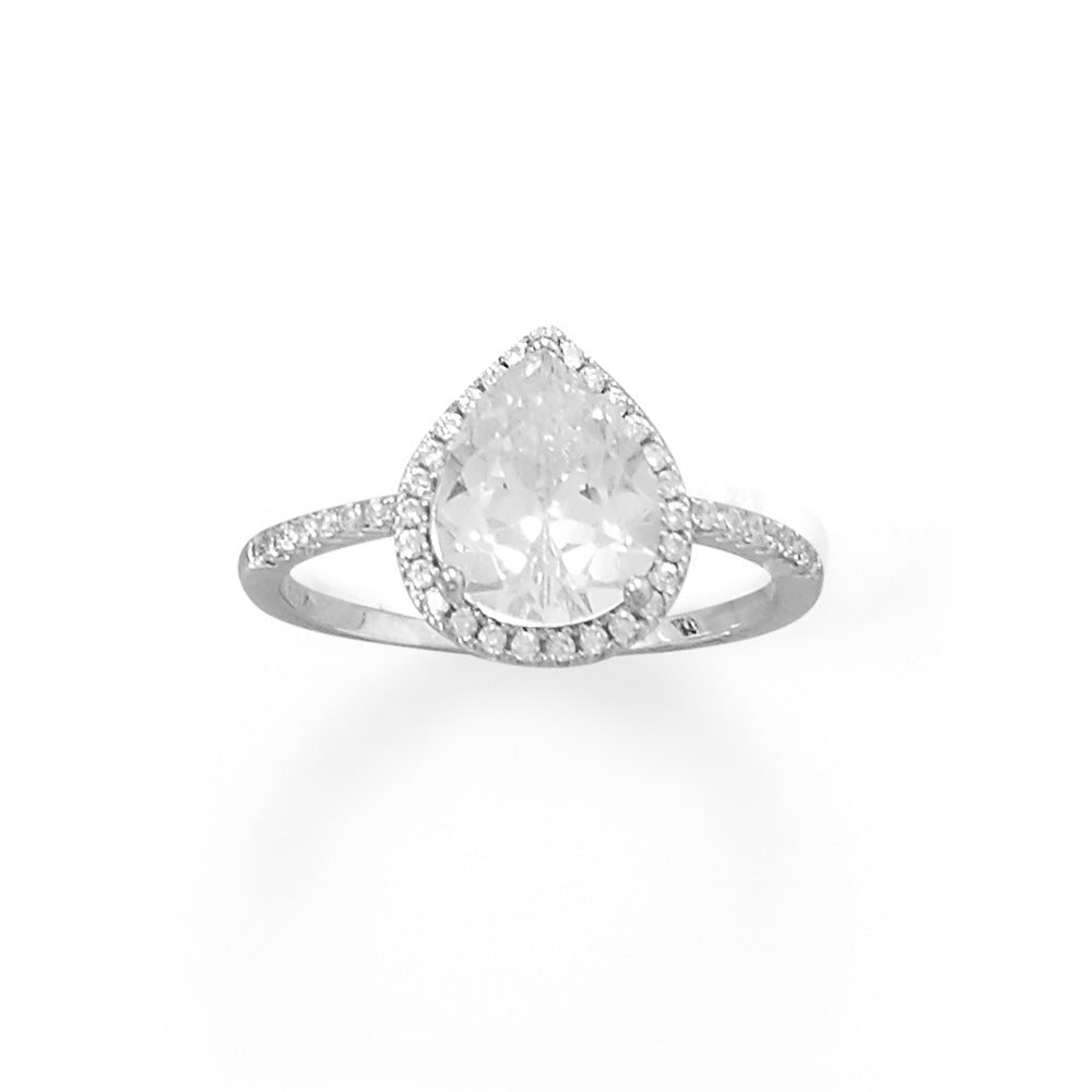 Rhodium plated sterling silver pear shaped Cubic Zirconia ring with Cubic Zirconia halo edge. Center Cubic Zirconia measures approximately 10.5mm x 8mm. Available in whole sizes 5-10. .925 Sterling Silver