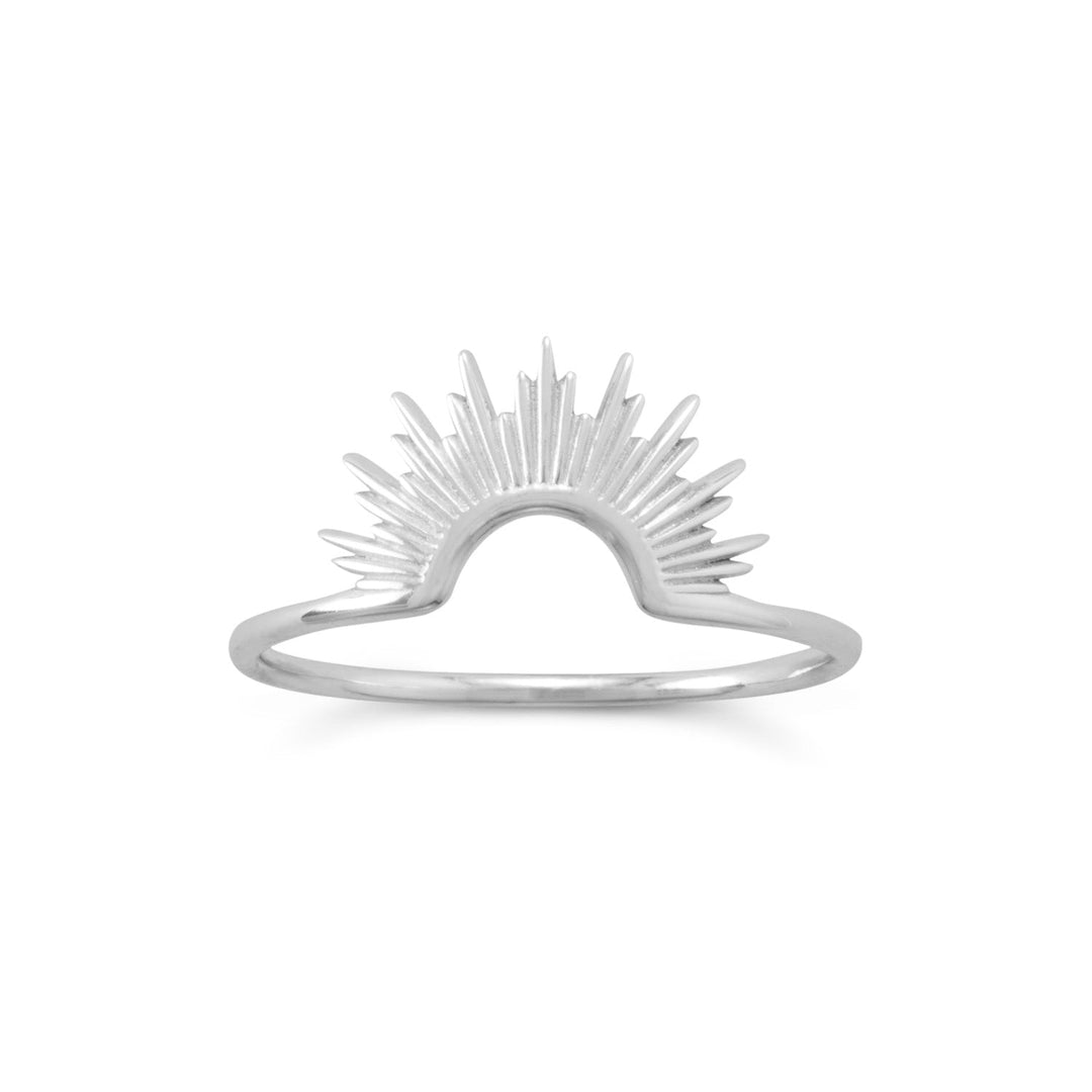 Upgrade your style with our exquisite Sterling Silver Sunburst Ring. A statement piece that shines bright. The 1.2mm wide band draws attention up to your hands, making it a great statement piece. Available in whole sizes 5-9, wear it alone or stack it with another for a full sun design. Pair it with our other Sunburst jewelry for a complete and cohesive look.