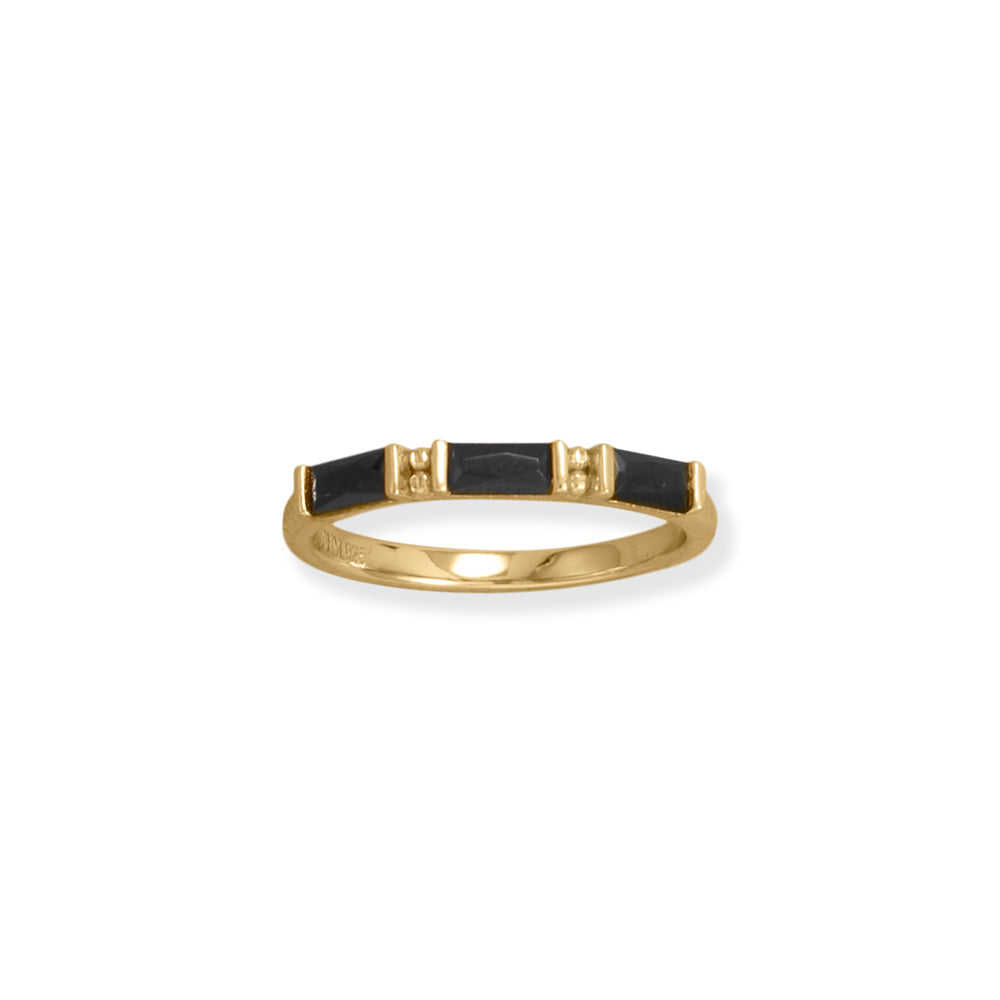 Indulge in effortless style with our BAG ring. 14K gold plating and black cubic zirconia baguettes exude luxury. Mix and match for a bolder look.