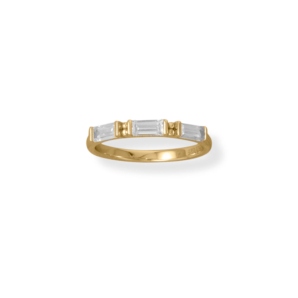 Introducing the epitome of effortless style, the BAG ring. Crafted with 14 karat gold plated sterling silver, adorned with classic white 2.5mmx 5mm baguette cubic zirconias. This 2mm wide ring exudes simple sophistication. Available in whole sizes 6-9, it is the perfect addition to your luxury collection. Mix and match or layer with our baguette and gold collection for a bolder and more opulent look. Made with .925 Sterling Silver, this ring is a testament to both beauty and value.