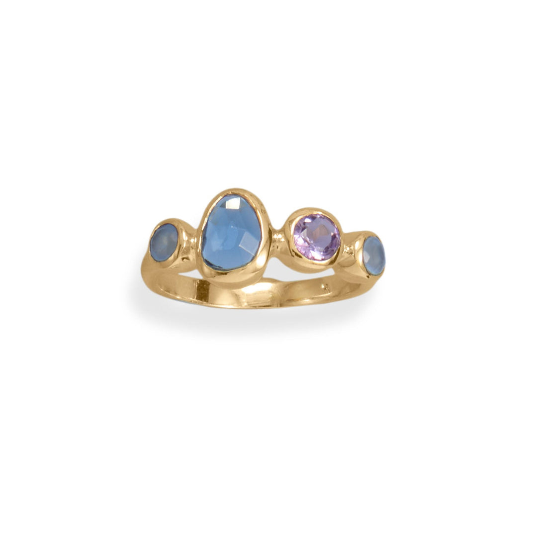 Introducing our stunning 14 karat gold plated sterling silver ring, adorned with vibrant amethyst, chalcedony, and blue hydro glass. The beauty of these gemstones is unmatched. With a 2.3mm wide band, this ring is available in sizes 6-9. Made with .925 Sterling Silver, it pairs perfectly with our gold and gemstone jewelry collection.