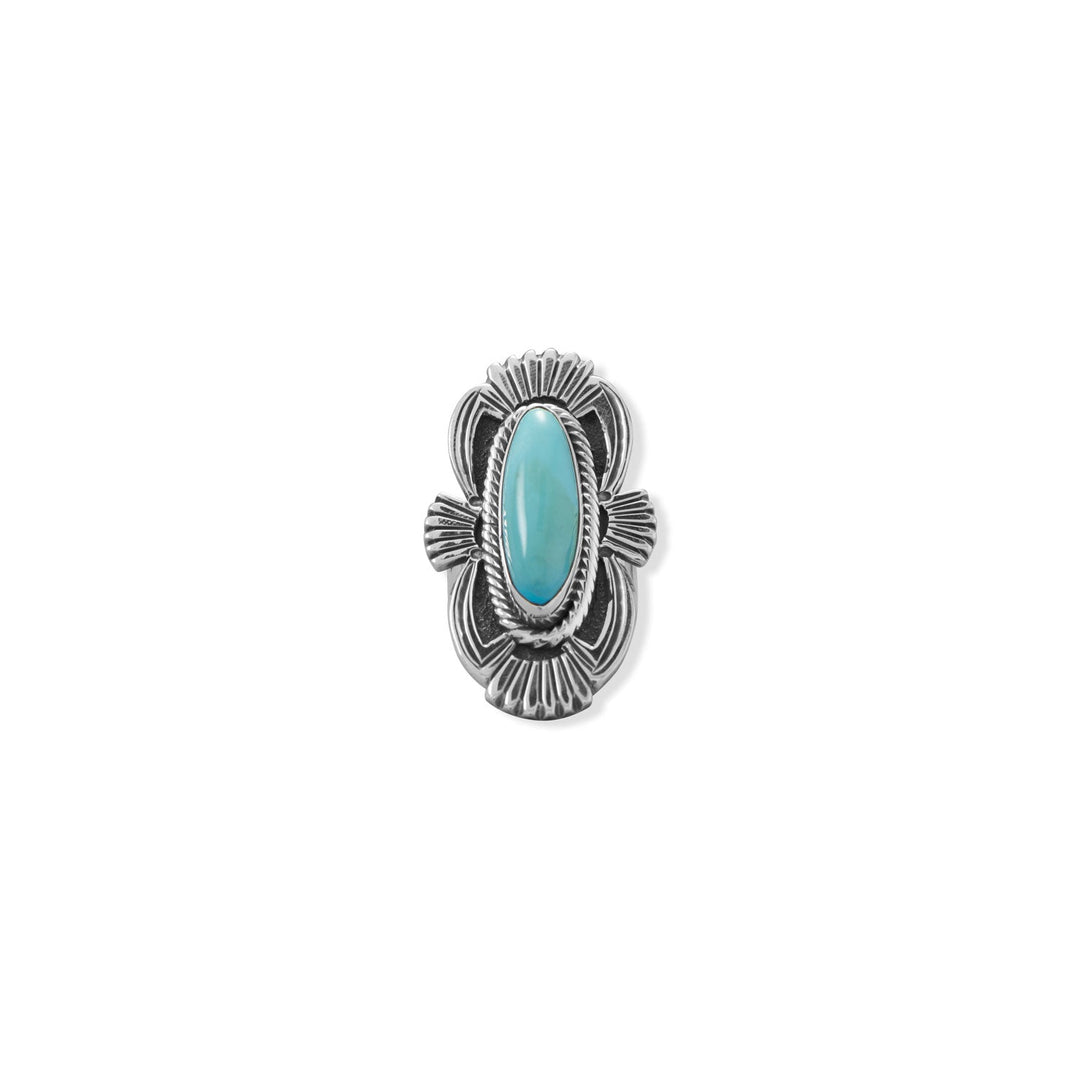 Authentic Navajo handcrafted ring designed and handcrafted by Dinè silversmith Richard Wylie out of New Mexico, USA. Oval Mexican Campitos stabilized turquoise measures 26.4mm x 7.4mm. Total ring is 48.7 x 25.4mm and band is 6.4m wide. Stone colors can range from light to medium blue-allow for variances. Available in whole sizes 7-10. 