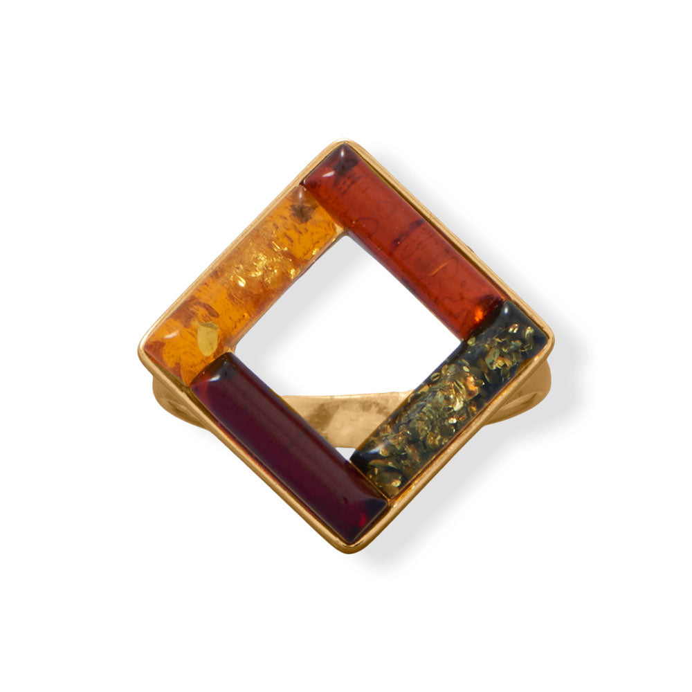 Gorgeous gold and amber - Perfect for a night out on the town! 24 karat gold plated sterling silver ring features 3mm x 11mm genuine multi color Baltic amber bars that make up a 15mm x 15mm square. Band measures 2mm wide. Available in whole sizes 6-10. Genuine Baltic amber is from Poland .925 Sterling Silver 