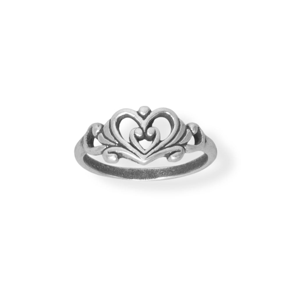 Introducing our exquisite oxidized sterling silver ring, a true testament to elegance and sophistication. Adorned with an intricate double heart and swirl design, this masterpiece exudes timeless beauty. Crafted with utmost precision, the ring tapers from 8.5mm to 1.7mm, ensuring a comfortable fit. Available in whole sizes 3-10, this .925 sterling silver treasure is a must-have for the discerning connoisseur.