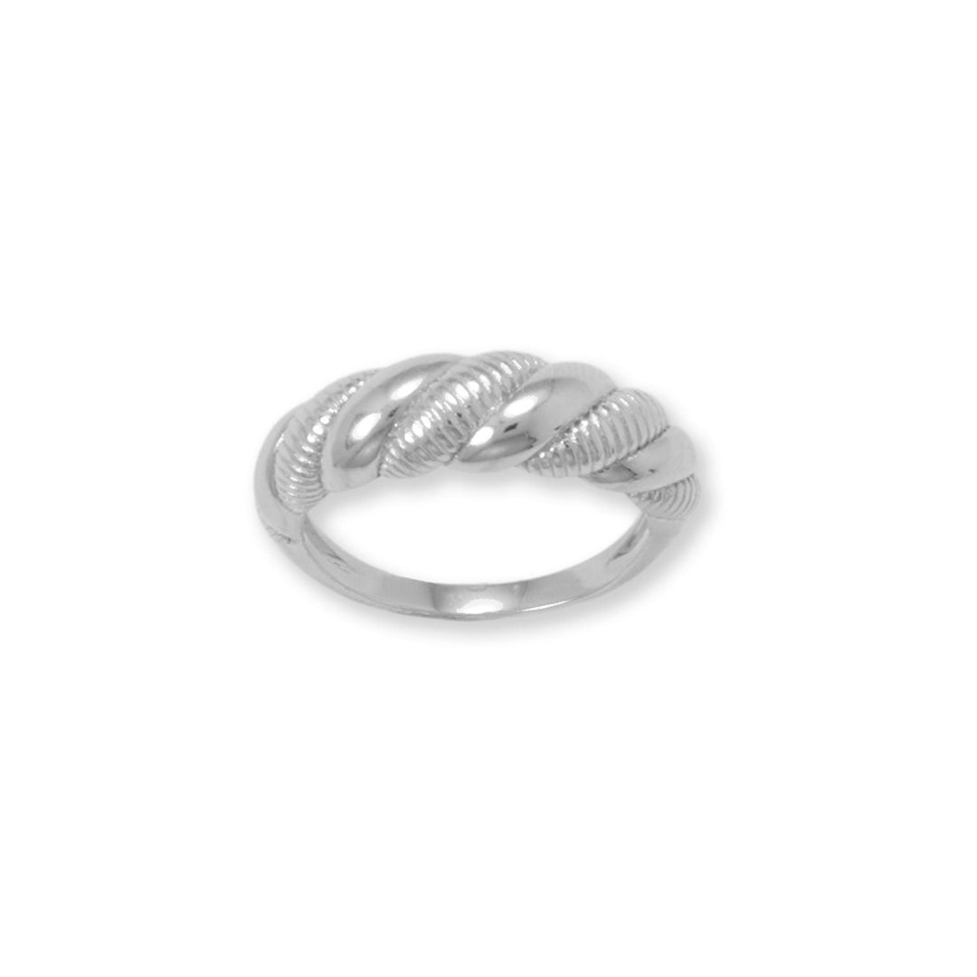 Introducing our stunning Rhodium plated sterling silver ring. It has a polished and textured twist design, tapers from 6.5mm to 2mm, and is available in sizes 6 to 9. It pairs flawlessly with our silver twisted link jewelry collection. Made from .925 sterling silver, it's a true investment piece that will last for years to come.