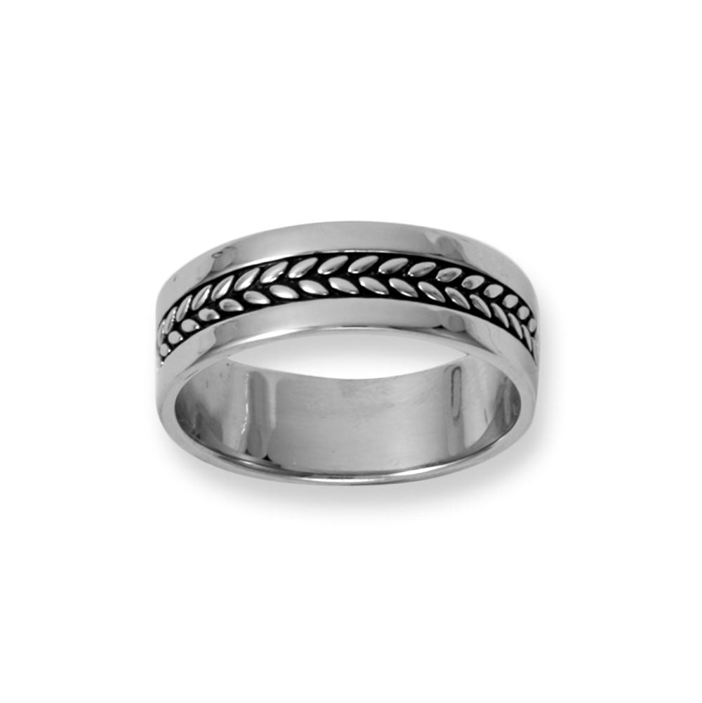 Indulge in the opulence of our IMPRESSIVE Rhodium plated sterling silver 8mm band, adorned with an exquisite oxidized wheat pattern. The rhodium plating ensures longevity and durability, while the wheat design symbolizes prosperity and abundance. This stunning ring is the perfect gift for any discerning gentleman. Available in whole sizes 8-12, crafted from .925 Sterling Silver.