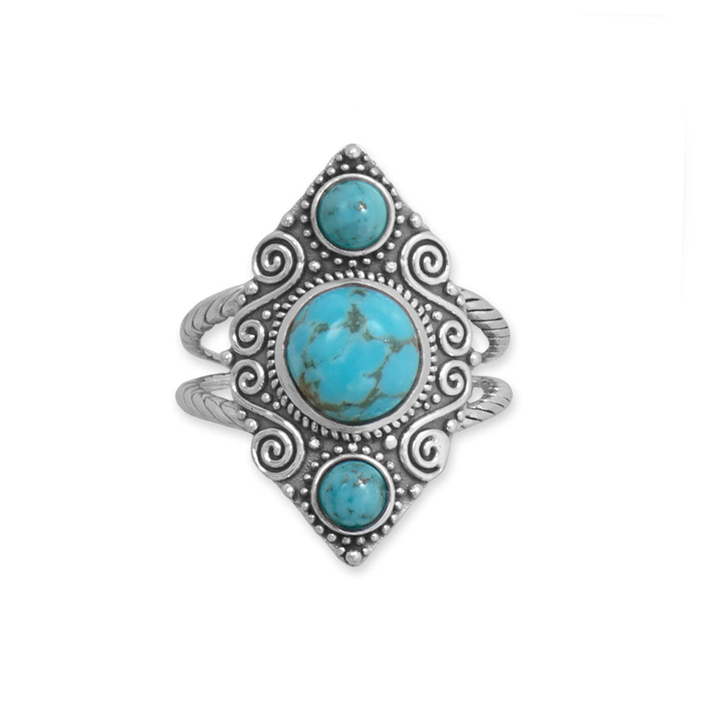 Introducing our exquisite double band oxidized sterling silver ring, adorned with two mesmerizing 4.5mm turquoise stones and a captivating 8.5mm centerpiece. The intricate scroll, dot, and rope design adds a touch of opulence. Crafted from .925 Sterling Silver, this ring showcases the timeless beauty and value of turquoise against the oxidized backdrop. Available in whole sizes 6-9, it effortlessly complements our other turquoise and oxidized sterling silver jewelry pieces. 