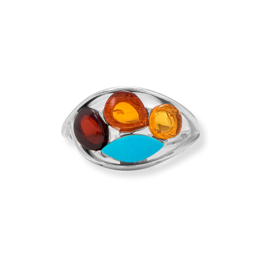 Rich amber + Classic turquoise = Perfect contrast. Sterling silver ring has a cutout design with multi-color genuine Baltic amber and reconstituted turquoise. Amber is 5mm, 6.5mm x 5.5mm and 7.5mm x 5mm and turquoise is 9mm x 4mm. Available in whole sizes 6-9. Genuine Baltic amber is from Poland .925 Sterling Silver 