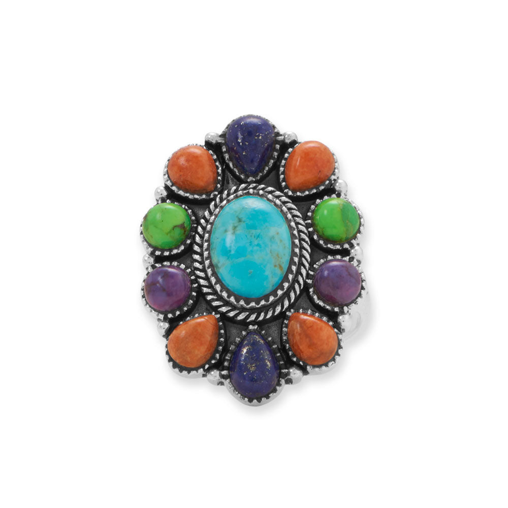 This exquisite ring boasts a captivating blend of blue reconstituted turquoise, coral, lapis, and green and purple reconstituted turquoise, creating a harmonious symphony of colors. The center stone, measuring 10mm x 7.5mm, is surrounded by a mesmerizing arrangement of 6mm x 4.5mm lapis, 5.5mm x 4mm coral, and 4.5mm green and purple turquoise. Available in whole sizes 6-9, this ring is a true statement of elegance and sophistication.