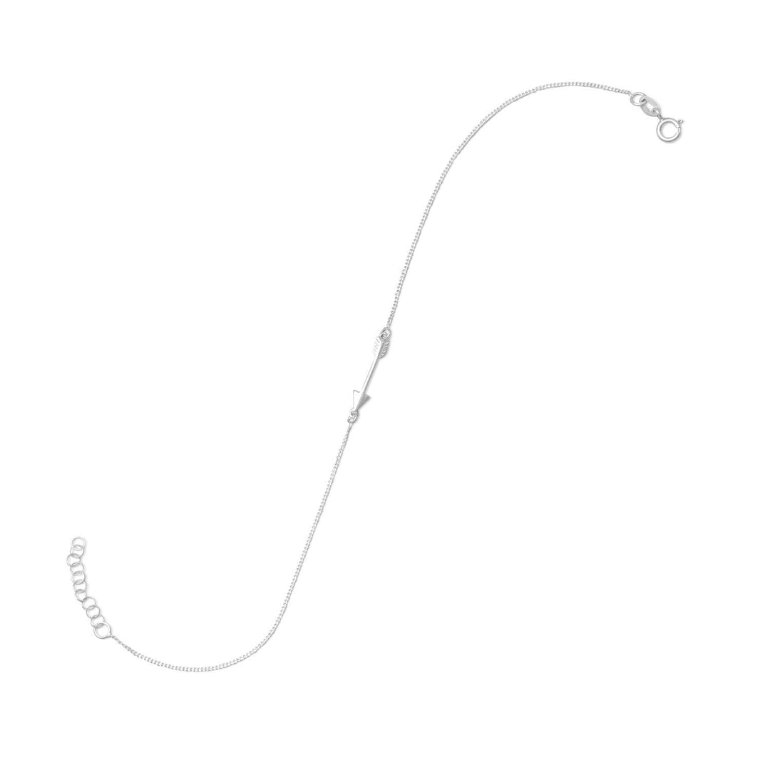 Introducing our elegant 11" + 1" extension sterling silver anklet. Crafted with .925 sterling silver, it features a sideways arrow symbolizing progress and growth. The unique design stands out, and the adjustable length ensures a comfortable fit. Complete your look with our matching arrow jewelry.