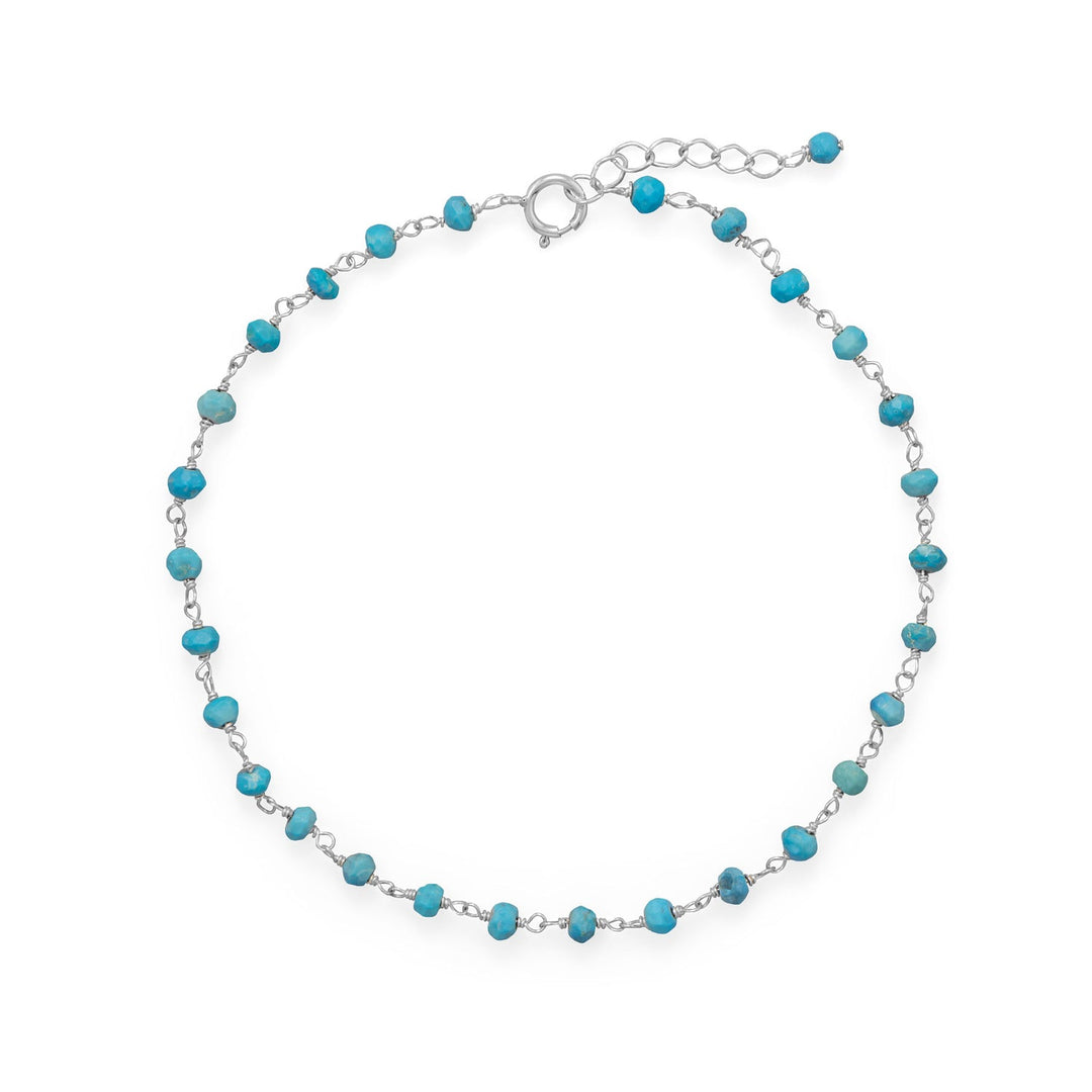 Turquoise is a classic and this anklet is a must-have! The sterling silver 9.5" anklet with a 1" extension features turquoise rondell beads that measure approximately 2.5mm x 3.5mm. Spring ring closure. .925 Sterling Silver