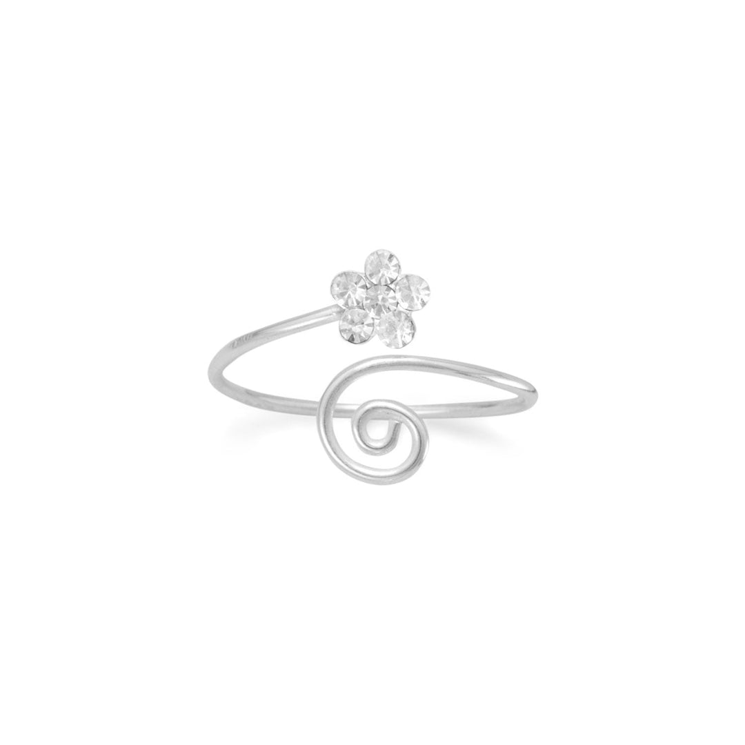 Introducing the exquisite 1mm sterling silver wrap style toe ring, adorned with a captivating 5mm crystal flower. Crafted from .925 sterling silver, this piece exudes elegance and sophistication, making it the perfect addition to any jewelry collection.