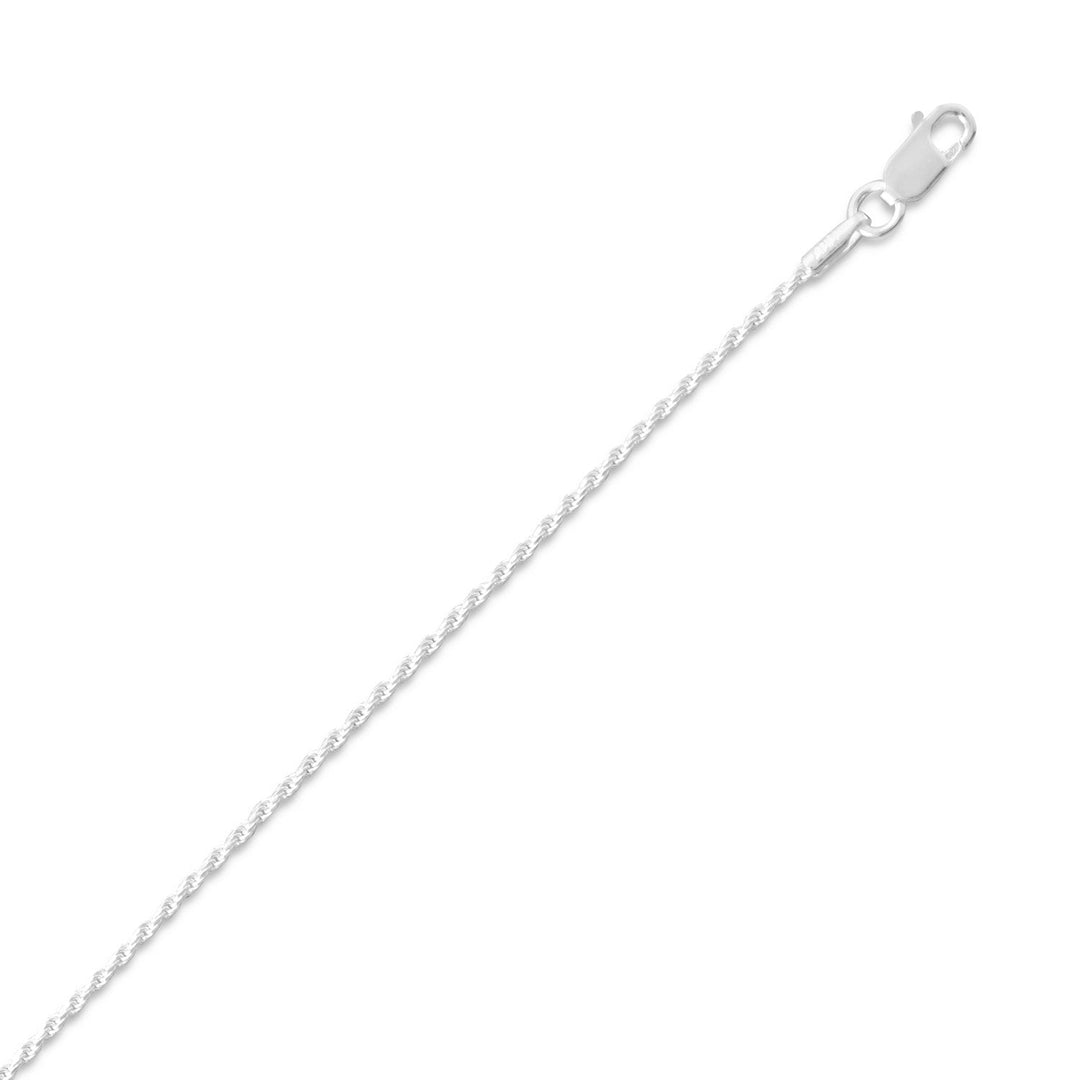 Indulge in the opulence of our 1.0mm sterling silver diamond cut rope chain necklace, crafted in Italy with .925 sterling silver and a lobster clasp closure. Its intricate diamond cut design exudes unparalleled elegance, perfect for pairing with our other sterling silver pendants, charms, or jewelry pieces. A true statement piece for the discerning connoisseur.