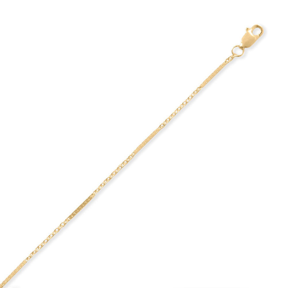 The perfect chain for layering or wearing solo. 14/20 gold filled cable chain has alternating sections of link chain and dapped chain creating a unique bar chain design. The dapped sections give this chain lots of sparkle! Available in anklet and necklace lengths. Lobster clasp closure.  14/20 Gold Filled
