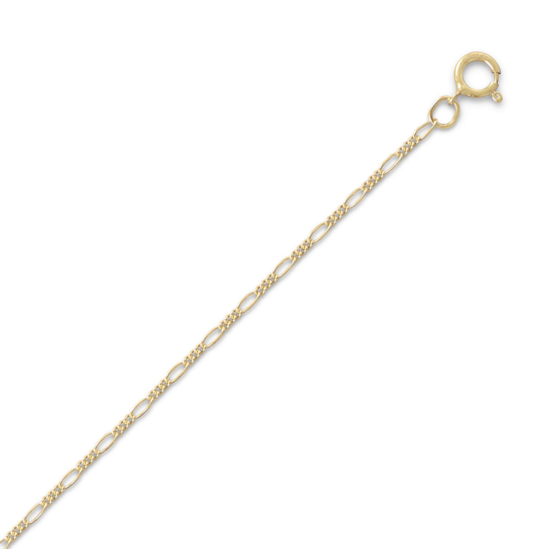 Introducing our 1.8 mm 14 karat gold filled figaro chain! Crafted by skilled artisans, this stunning piece elevates any outfit. Its unique pattern and spring ring closure make it a must-have addition to any jewelry collection. Available in lengths from 15-24 inches.