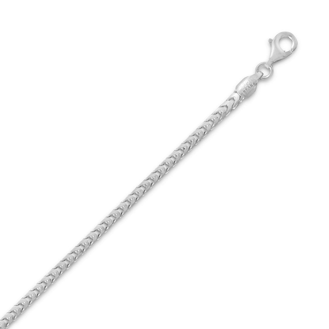 Introducing the 2.4mm Franco chain necklace, made of high-quality .925 sterling silver with a smooth and silky texture. It has a distinct "V" pattern and a lobster clasp closure for safety. Available in lengths of 18-24 inches, it's perfect for any occasion.