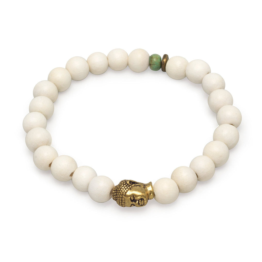 8" fashion stretch bracelet with 8mm white wood beads and a base metal Buddha bead. The bracelet also has 6mm reconstituted turquoise heshi and brass accent beads. Fashion jewelry contains base metal.