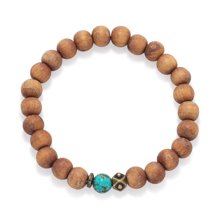 9mm wood beads, 8mm dyed magnesite, and brass bead fashion stretch bracelet. The brass bead may vary from bead pictured. Bracelet measures approximately 8" around.