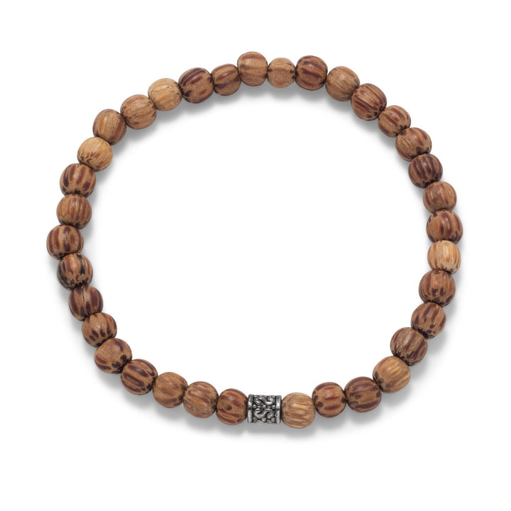 6.5mm Palmwood Bead Stretch Bracelet. Bracelet measures approximately 8" around.  Fashion jewelry bead contains base metal.