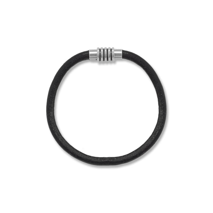 A clean and classic look for him. 8" 5mm black leather bracelet features an oxidized six-side magnetic clasp. Fashion jewelry contains base metal.  Note: Leather thickness may vary slightly.