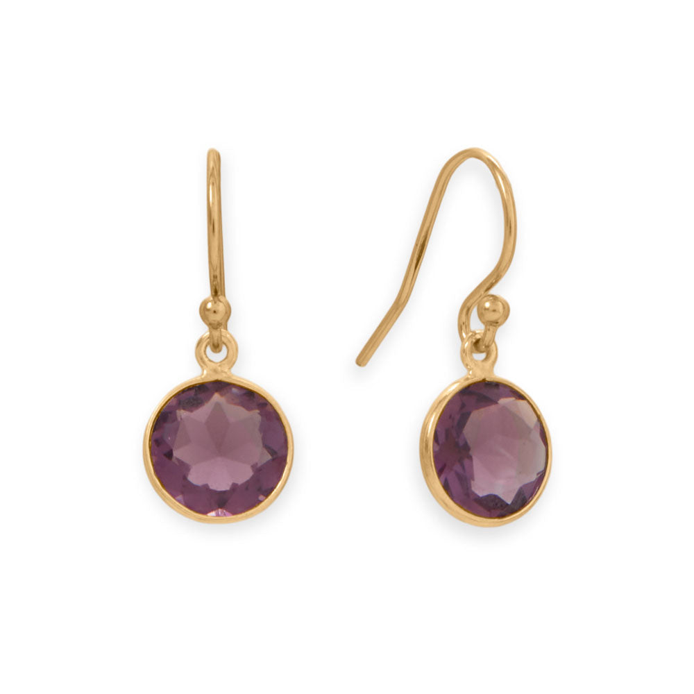 14 karat gold plated sterling silver earrings feature 8mm faceted purple glass gem drops. Earring wires are 14/20 gold filled..925 Sterling Silver and 14/20 Gold Filled