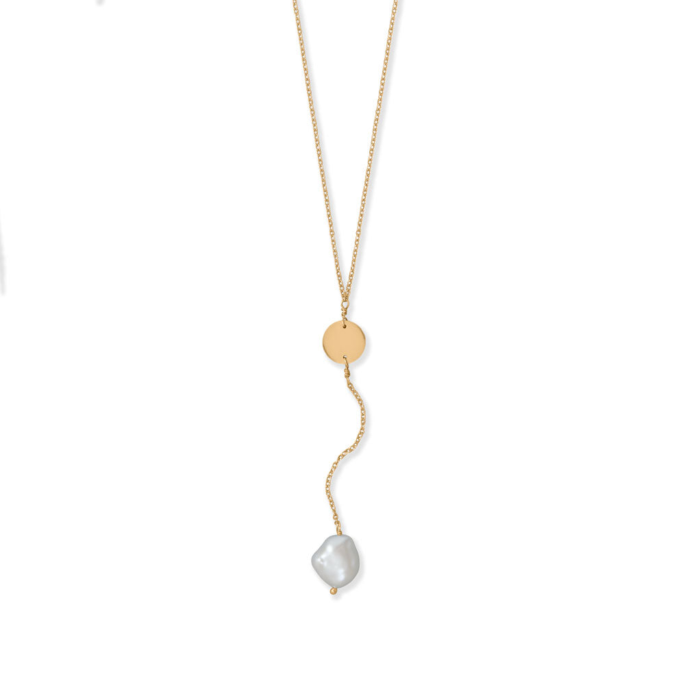 PEARL perfect! 16" + 2" 14 Karat Gold Pearl Drop Necklace has a 9.3mm disk with a 10mm x 11mm cultured freshwater nugget pearl drop, drop measures 2.25".  The gold-plated .925 Sterling Silver 16" + 2" extension necklace is finished with a lobster clasp closure. 