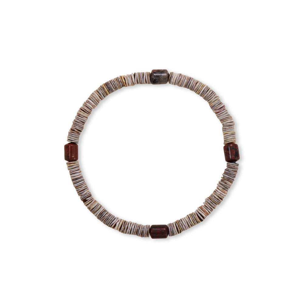 8" men's stretch bracelet features shell heishi and jasper. Shell heishi measures 5mm jasper is approximately 6mm x 8mm. Color of shell will vary